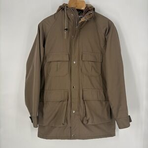 Schott Coat Mens Small Brown Hooded Parka Plaid Lined‎ Mid Length Outdoor Field